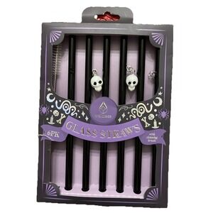 WELLNESS Glass Straws‎ Reusable Black Skulls 6 Pack NIB W/Brush Spooky